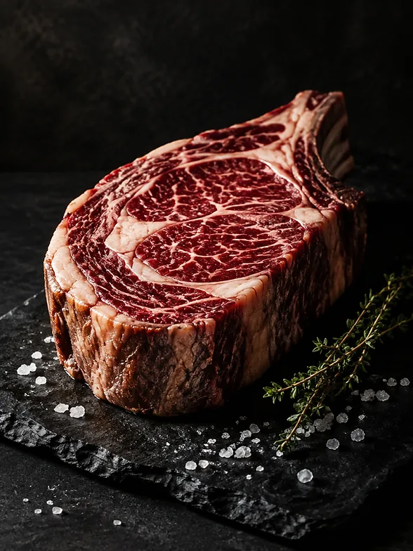 Pièce de bœuf maturée présentée sur une ardoise