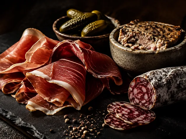 Charcuterie artisanale : jambon tranché, terrine et saucisson
