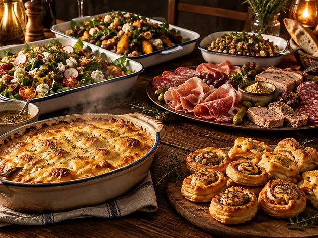 Plats traiteur maison : gratin, feuilletés et salades