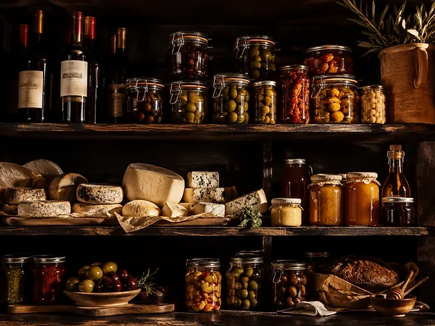 Épicerie fine : vins, bocaux, fromages et condiments